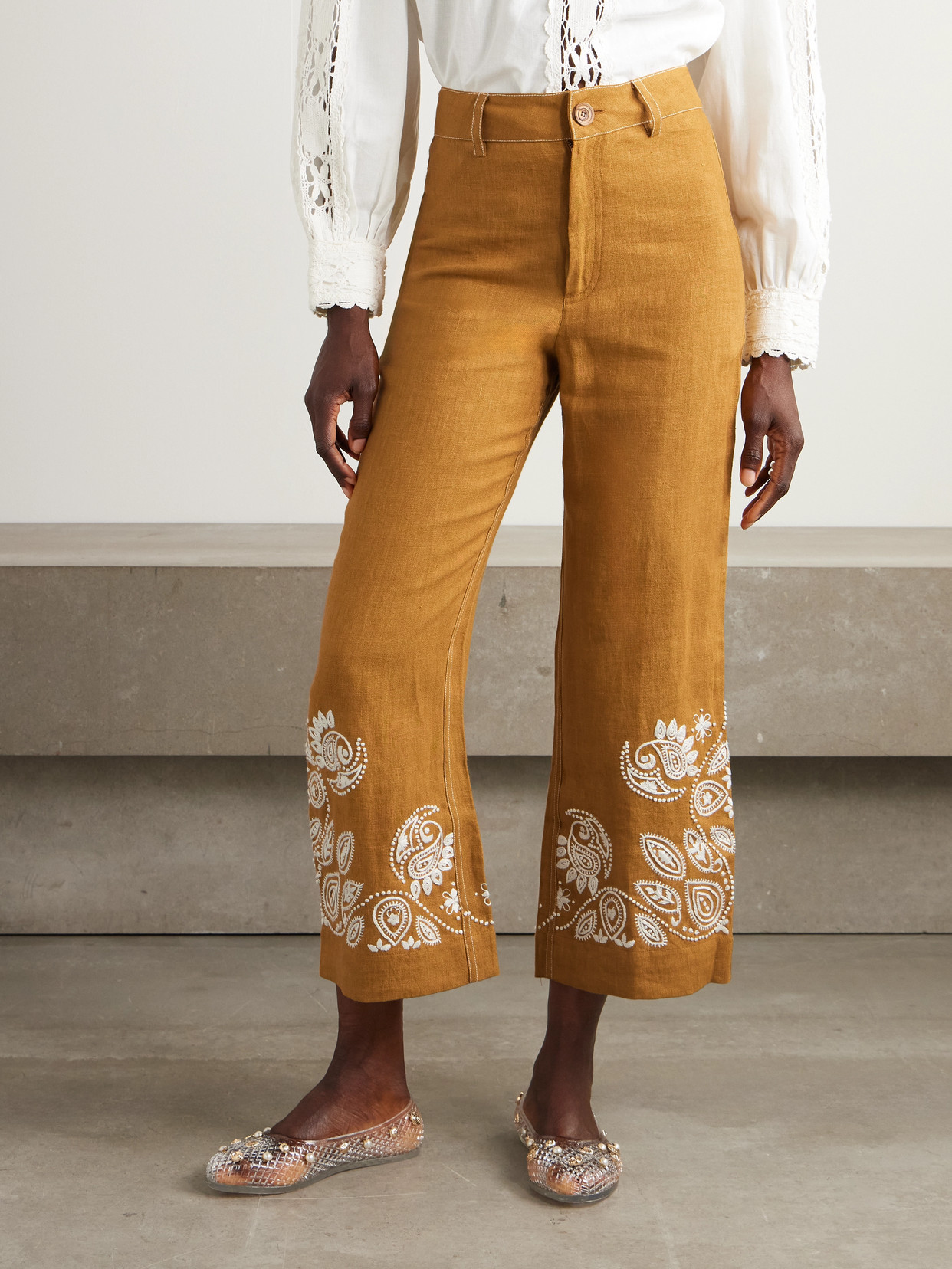 Alix Of Bohemia Paige Cropped Embroidered Linen Bootcut Pants