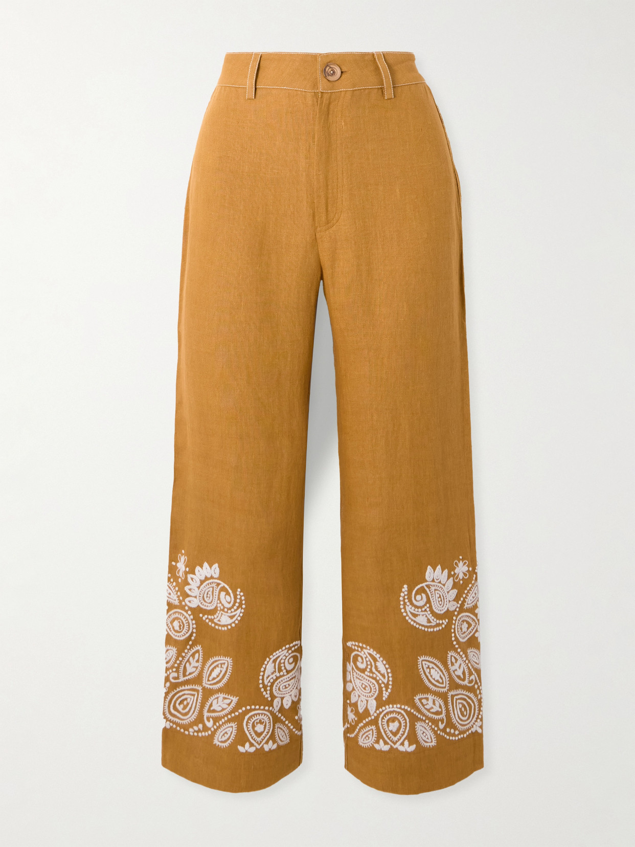 Alix Of Bohemia Paige Cropped Embroidered Linen Bootcut Pants
