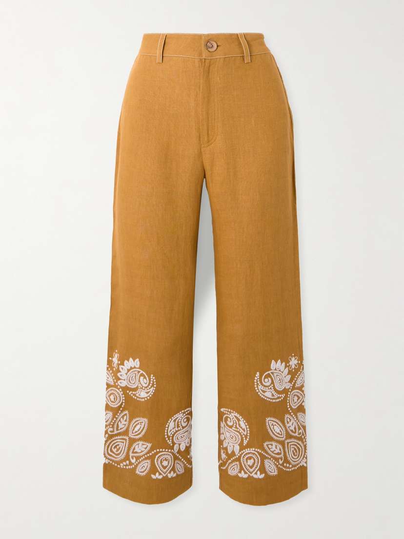 ALIX OF BOHEMIA Paige Cropped Embroidered Linen Bootcut Pants