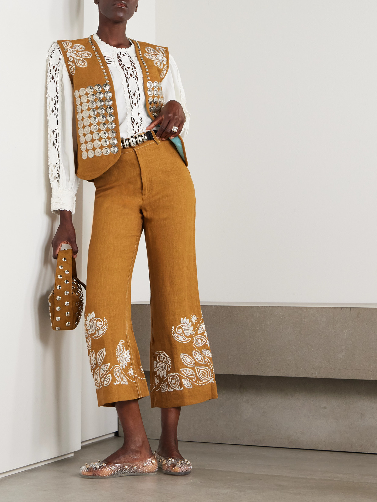 Alix Of Bohemia Paige Cropped Embroidered Linen Bootcut Pants