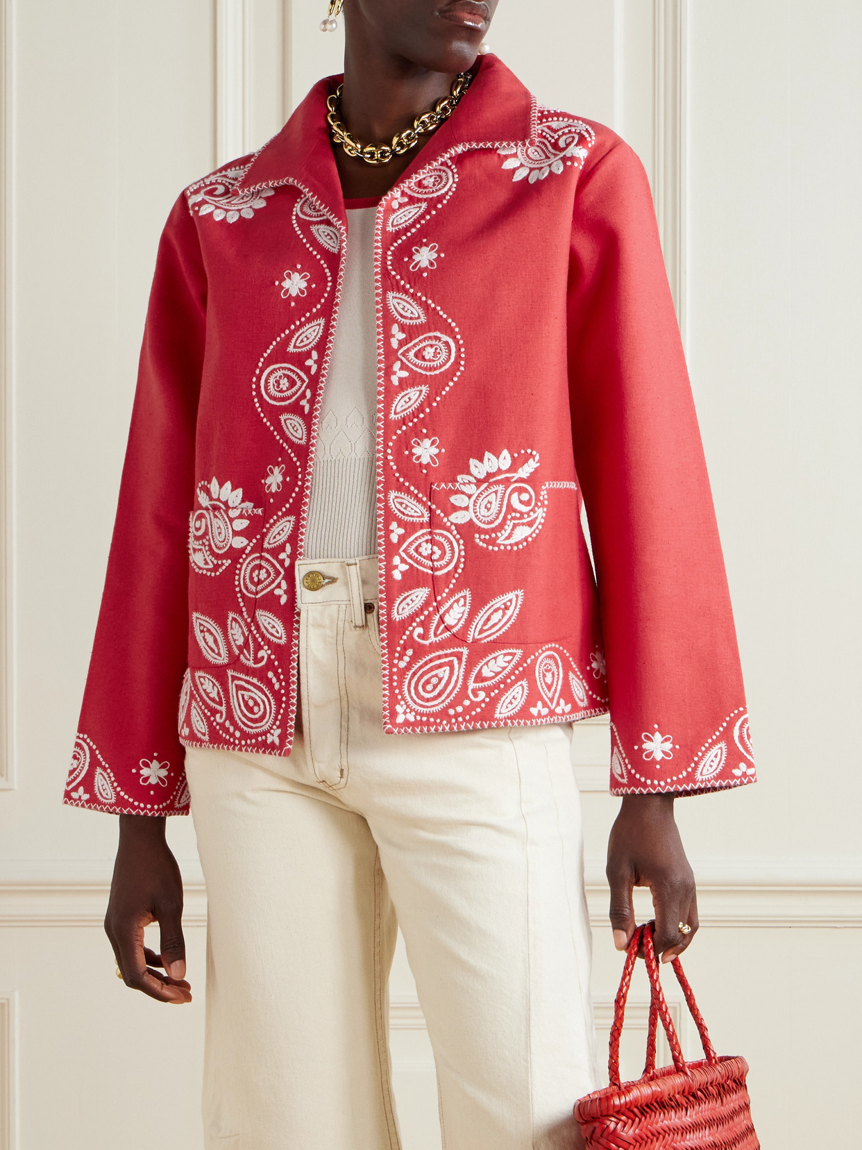 Alix Of Bohemia Francis Poppy Embroidered Cotton Jacket In Red