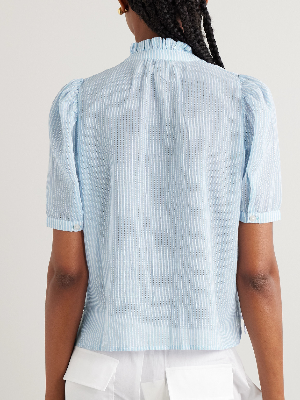 Alix Of Bohemia Winn Pointelle-trimmed Embroidered Striped Cotton-voile Shirt In Blue