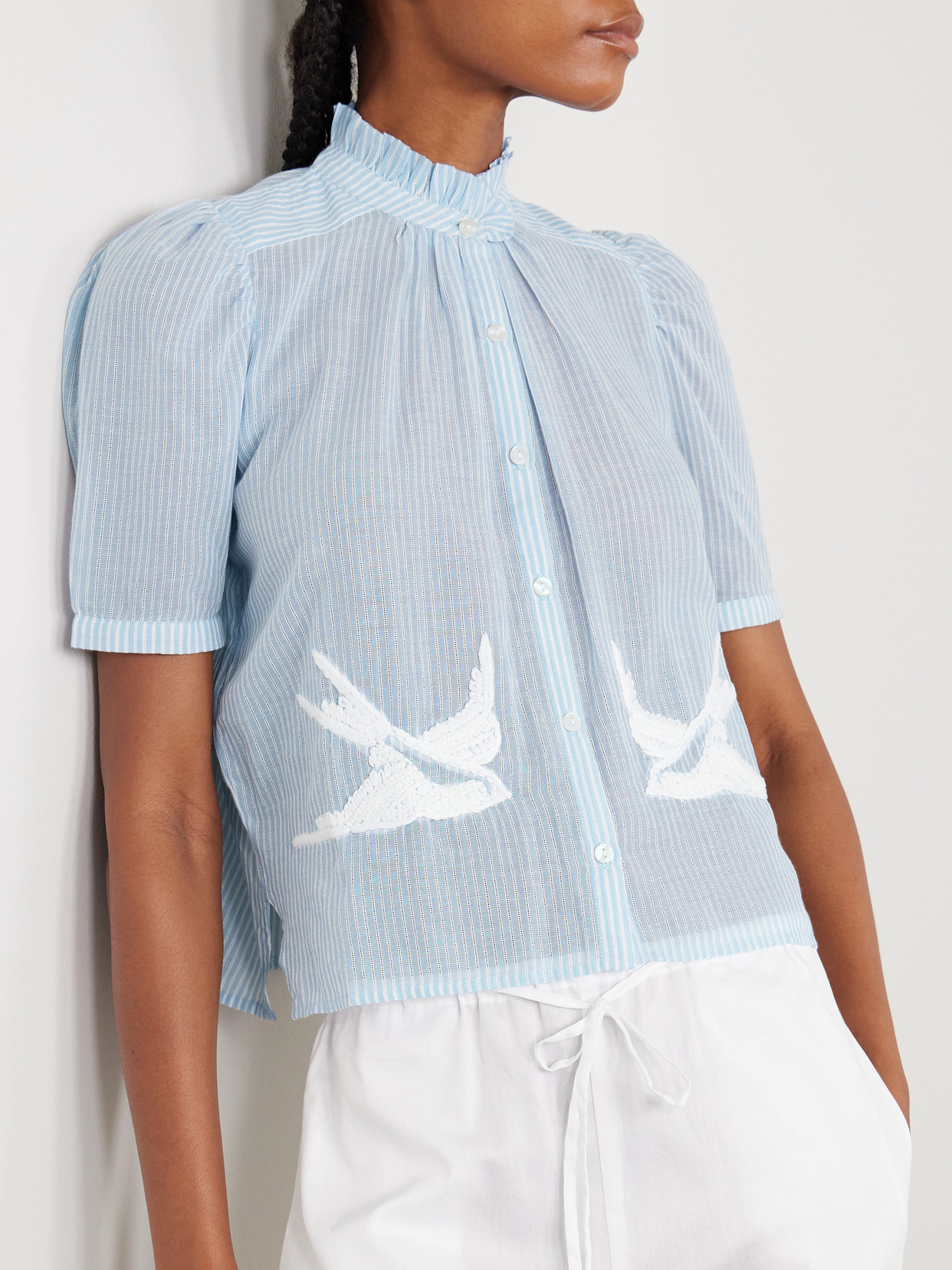 Alix Of Bohemia Winn Pointelle-trimmed Embroidered Striped Cotton-voile Shirt In Blue