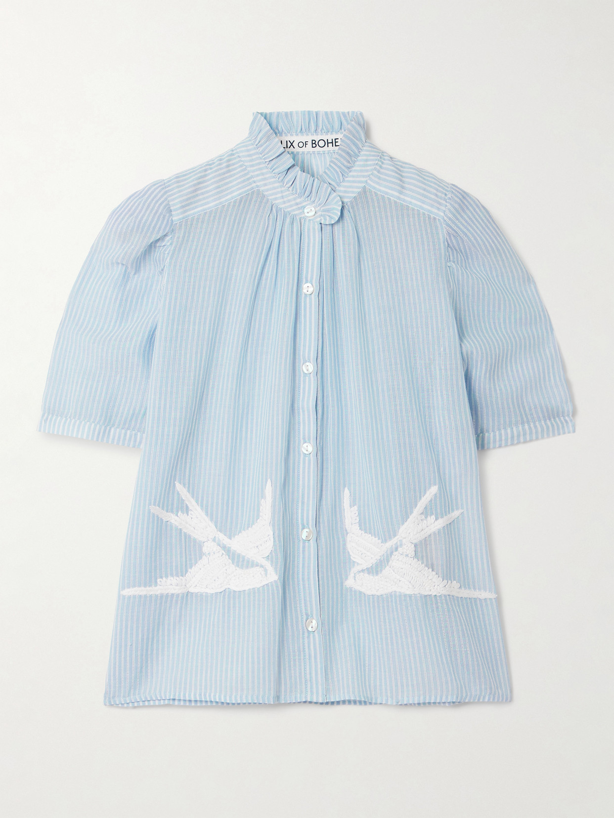 Alix Of Bohemia Winn Pointelle-trimmed Embroidered Striped Cotton-voile Shirt In Blue