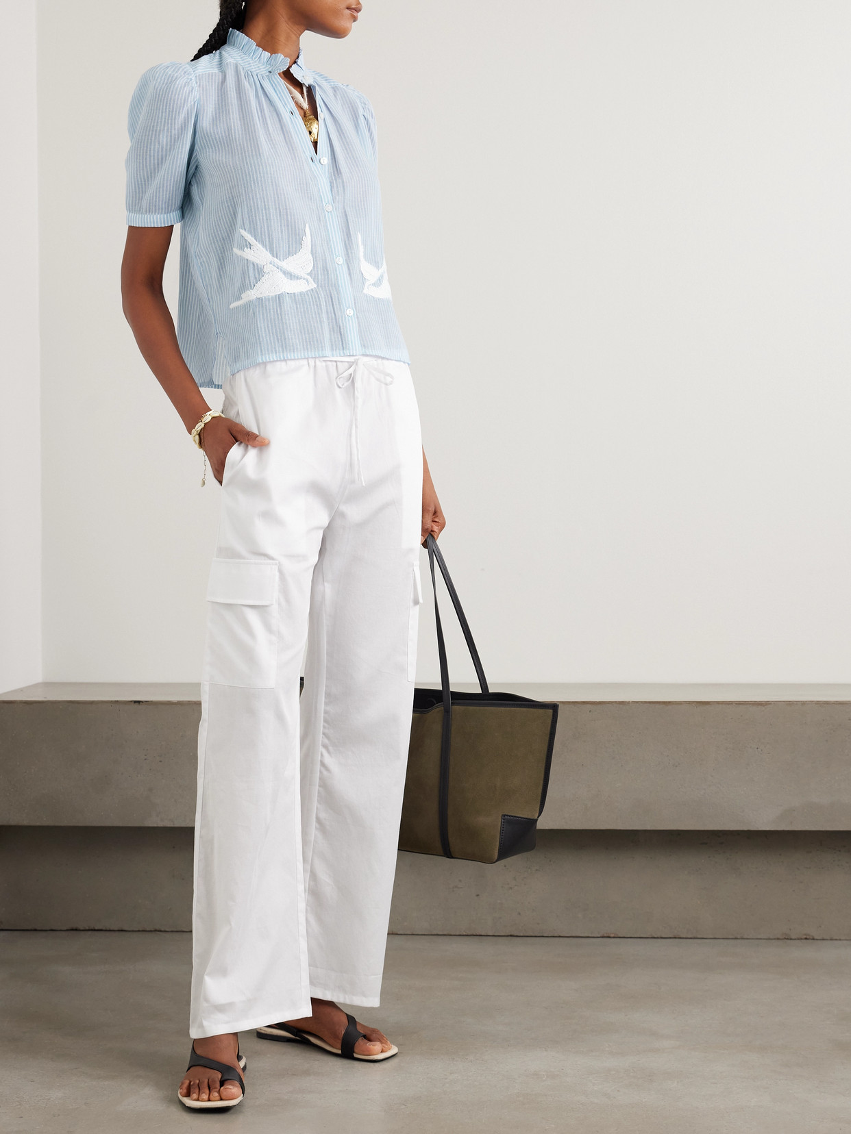 Alix Of Bohemia Winn Pointelle-trimmed Embroidered Striped Cotton-voile Shirt In Blue