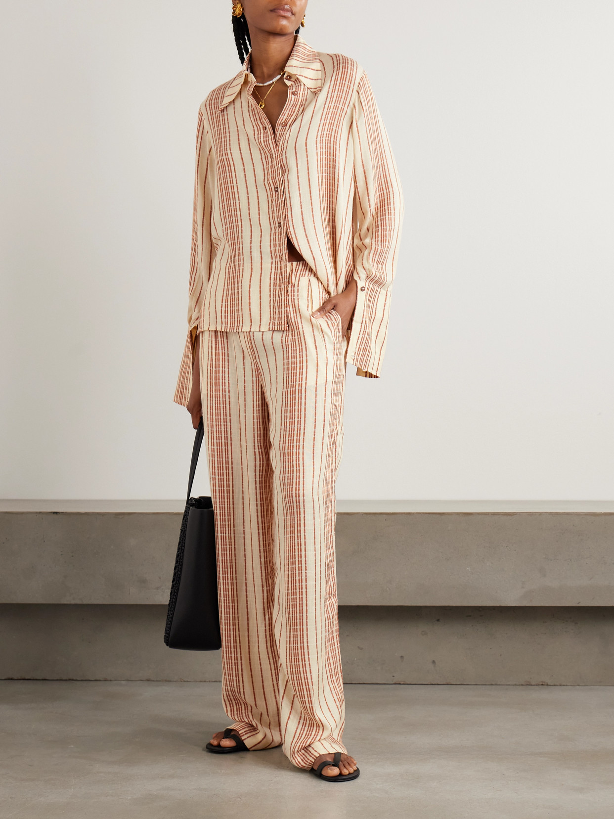 Alix Of Bohemia Diana Penny Striped Linen-jacquard Straight-leg Pants In Neutral