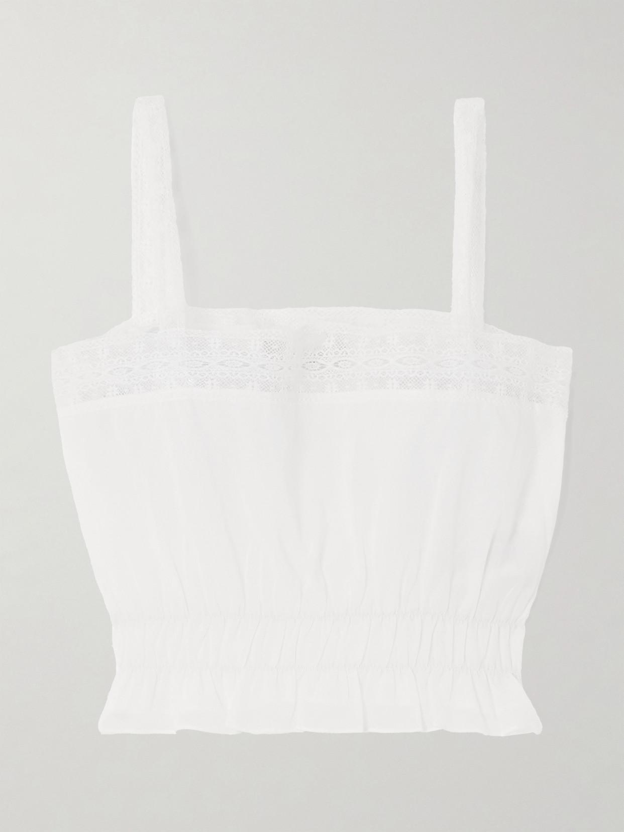 Faithfull Camille Cropped Lace-trimmed Shirred Cotton-poplin Top In Ivory