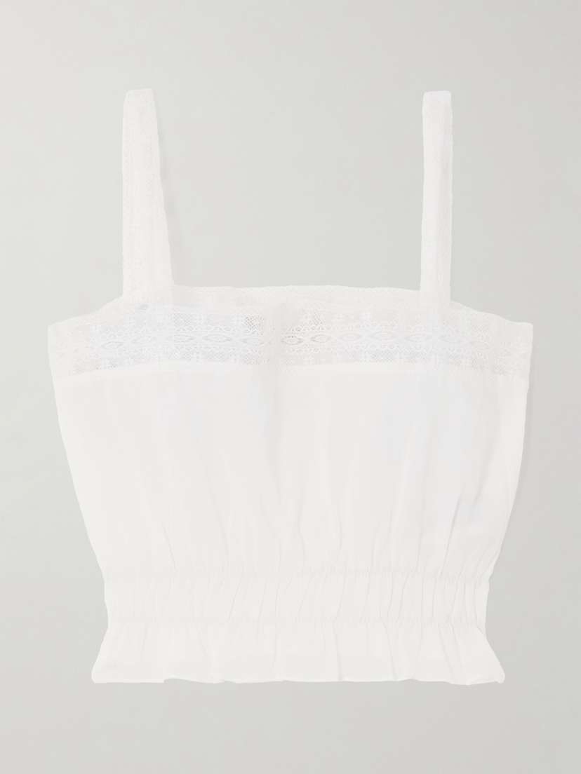 Faithfull Camille Cropped Lace-trimmed Shirred Cotton-poplin Top