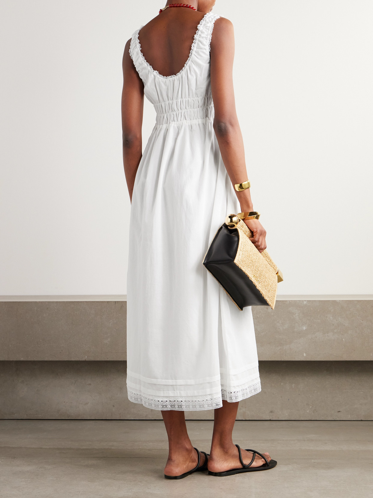 Faithfull Juliet Bow-embellished Lace-trimmed Shirred Cotton-poplin Midi Dress In White