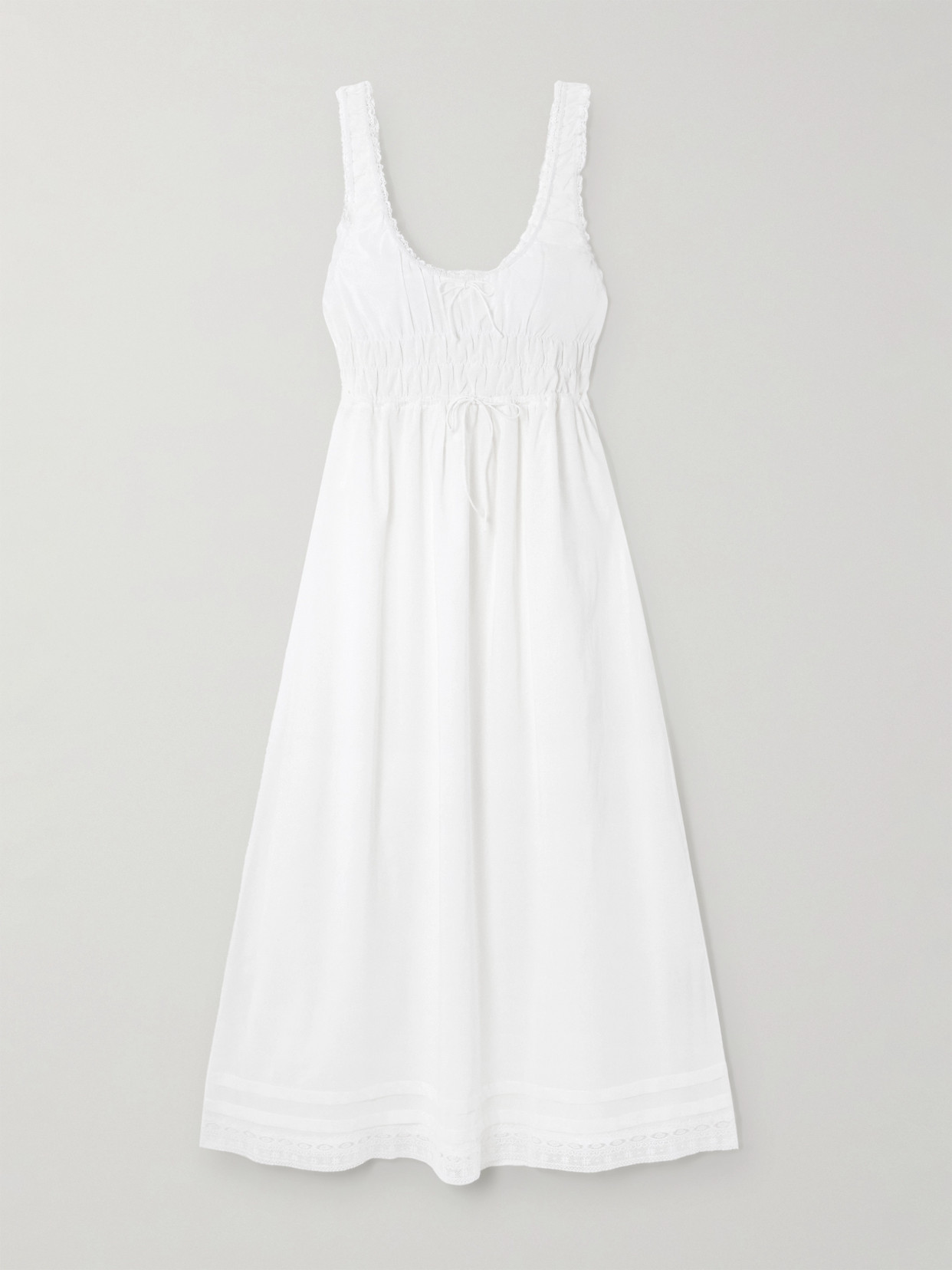 Faithfull Juliet Bow-embellished Lace-trimmed Shirred Cotton-poplin Midi Dress In White