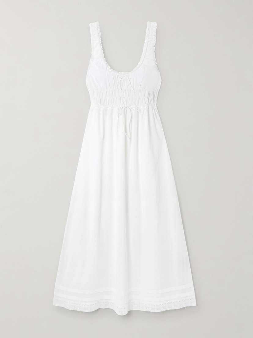 Faithfull Juliet Bow-embellished Lace-trimmed Shirred Cotton-poplin Midi Dress