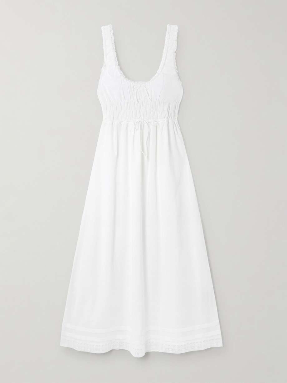 juliet bow-embellished lace-trimmed shirred cotton-poplin midi dress