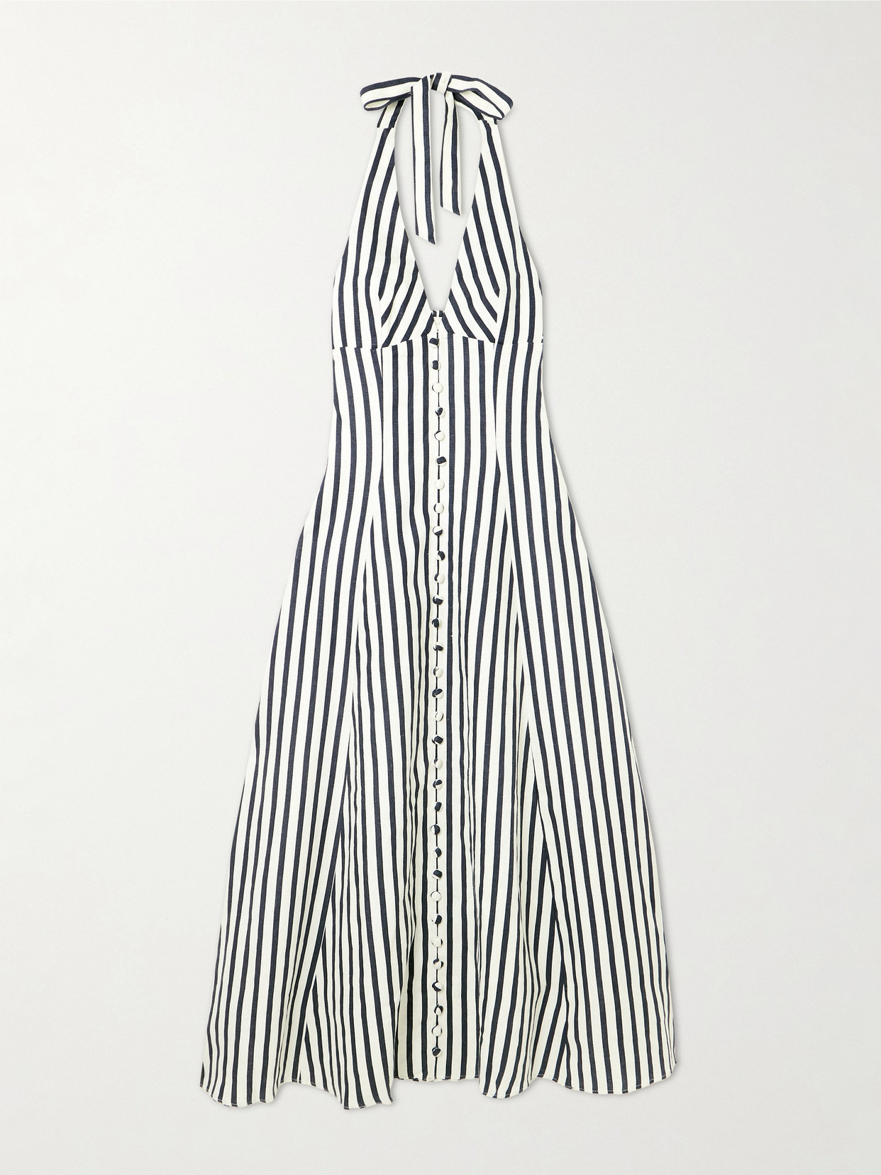 Faithfull Marie Striped Linen Halterneck Midi Dress In Blue