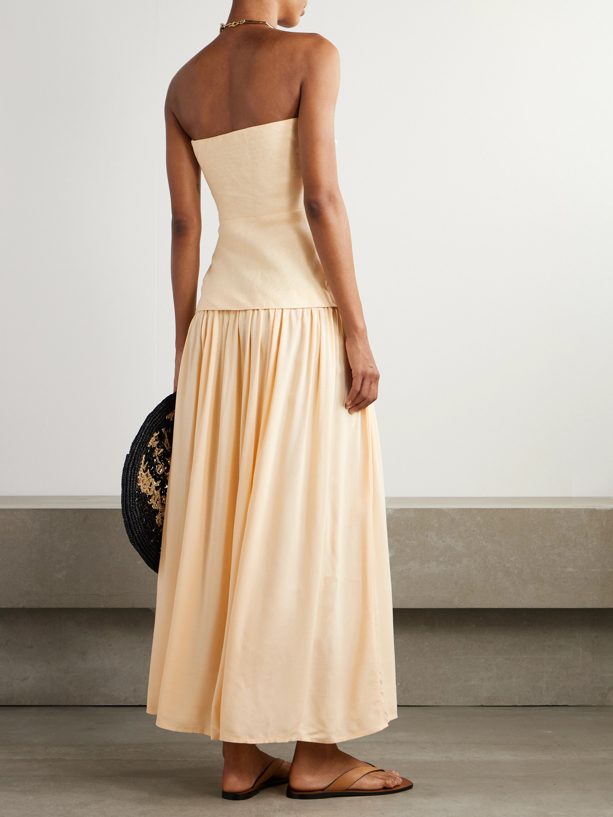 Faithfull Hedy Strapless Gathered Linen And Voile Maxi Dress In Neutral