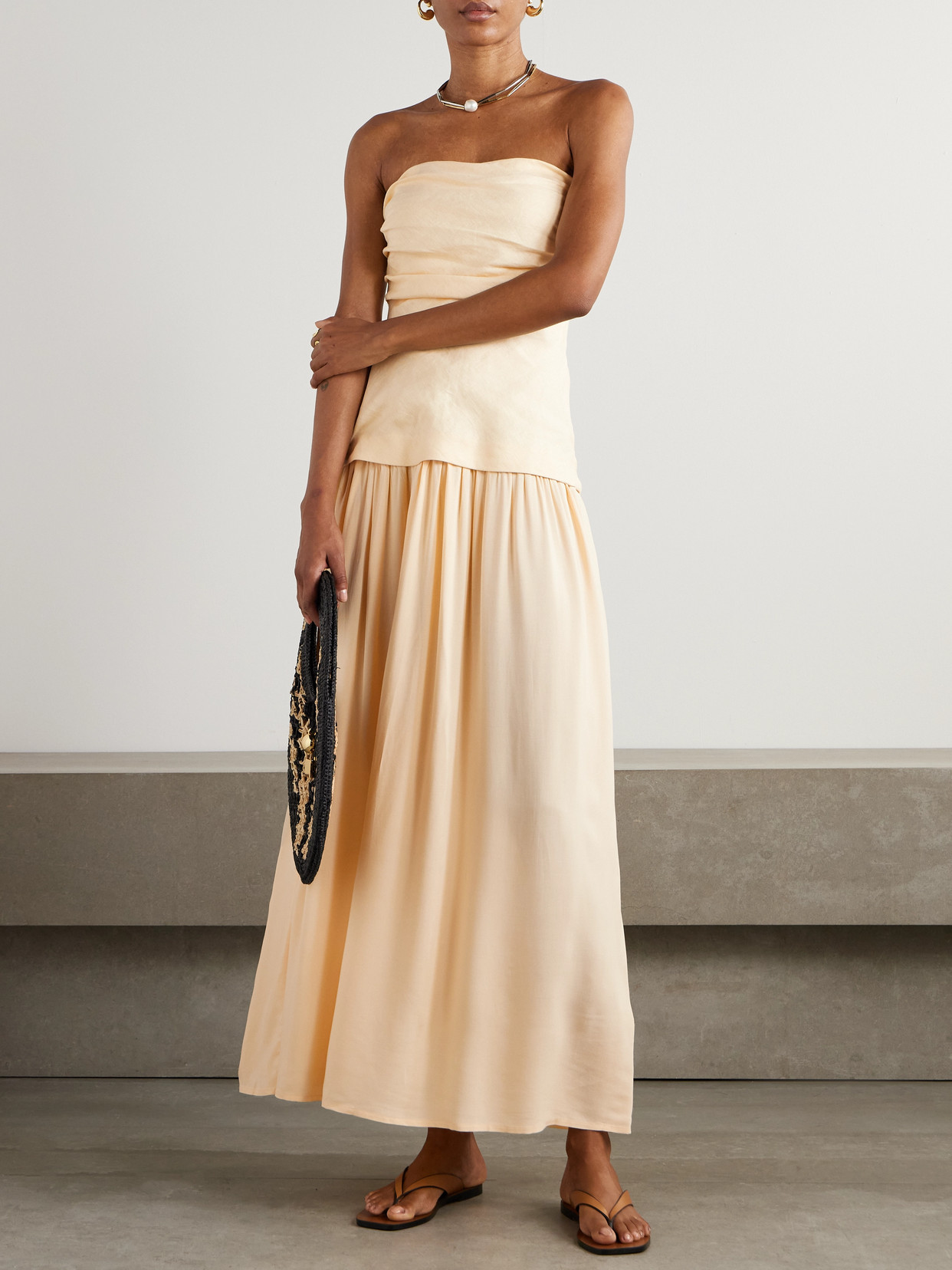 Faithfull Hedy Strapless Gathered Linen And Voile Maxi Dress In Neutral