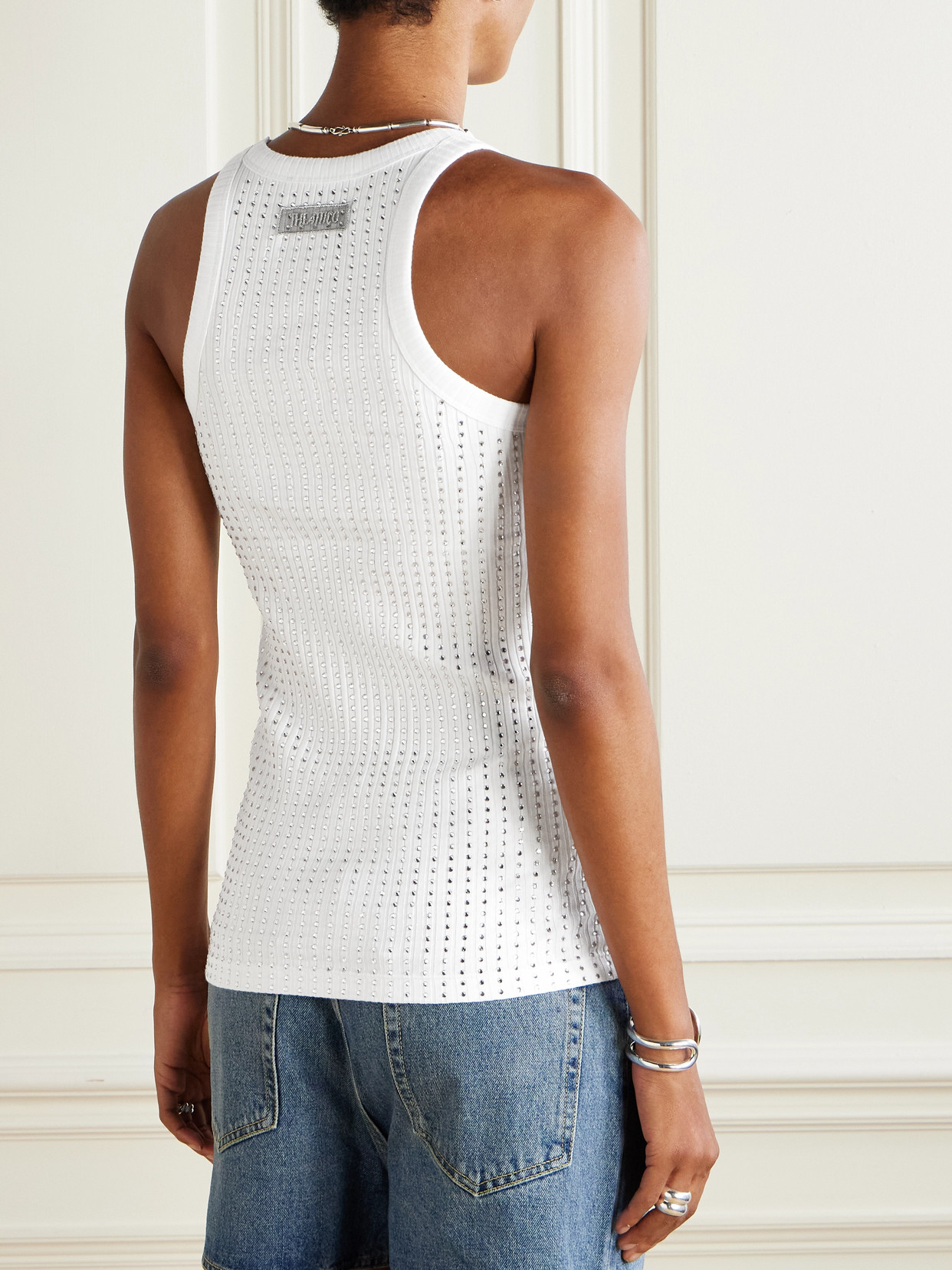 Attico Womens Pink Crystal-embellished Ribbed Cotton Tank Top In White