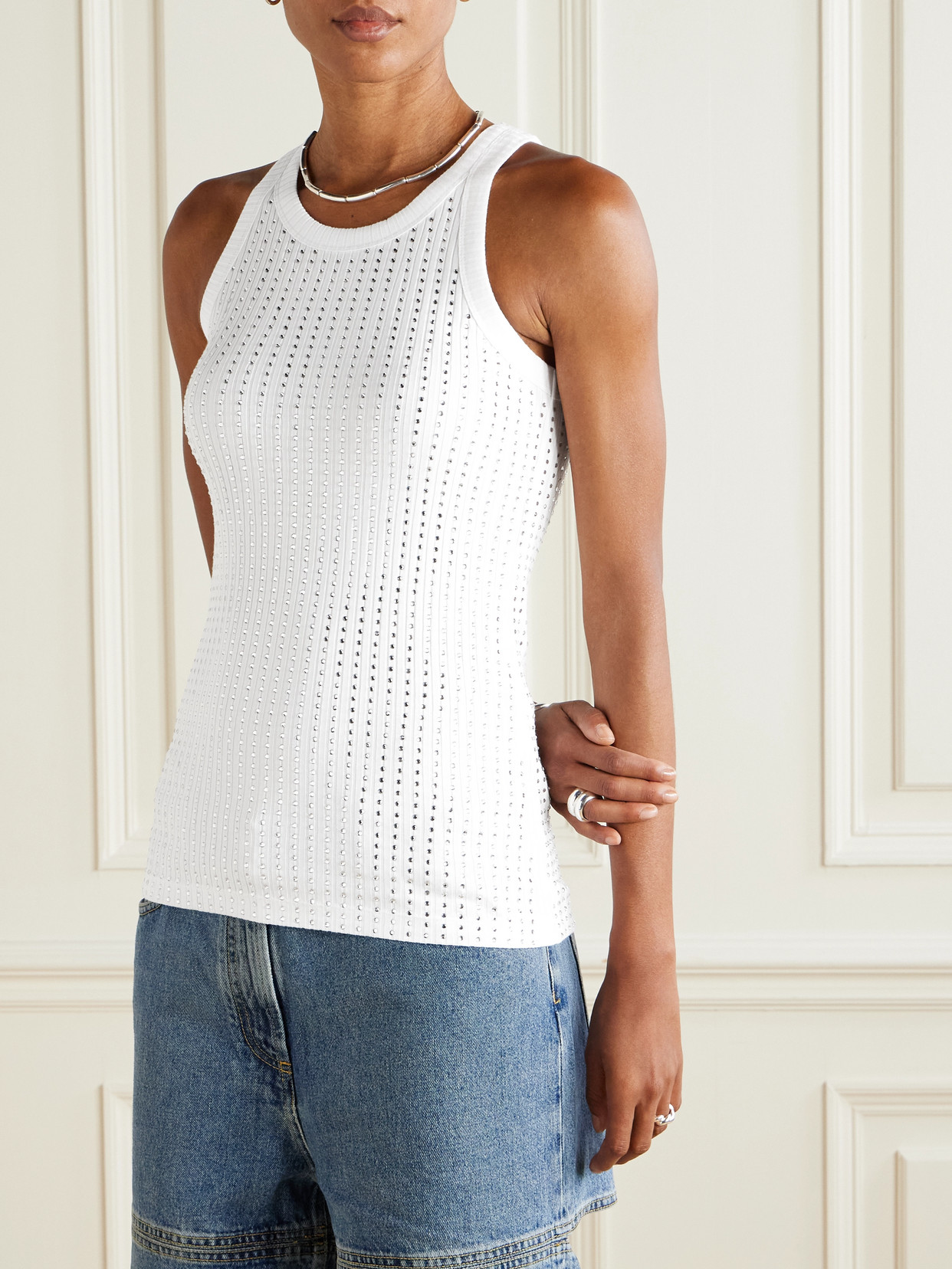 Attico Womens Pink Crystal-embellished Ribbed Cotton Tank Top In White