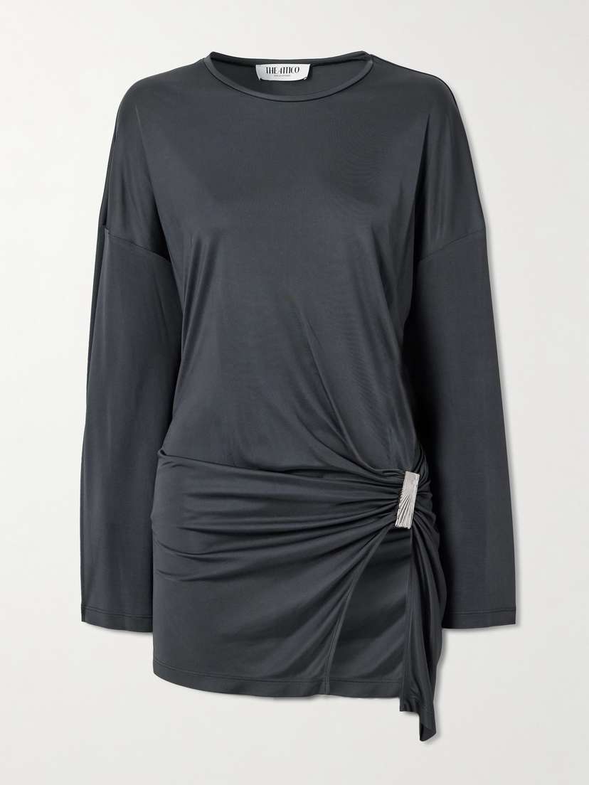 The Attico Embellished Gathered Jersey Mini Dress