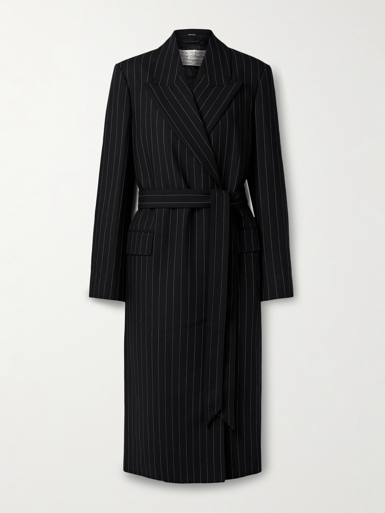 Acne Studios Belted Pinstriped Wool Coat In Black