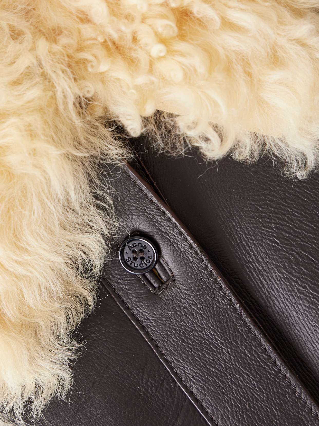 Acne Studios Shearling Collar Leather Jacket Side Pockets In Brown