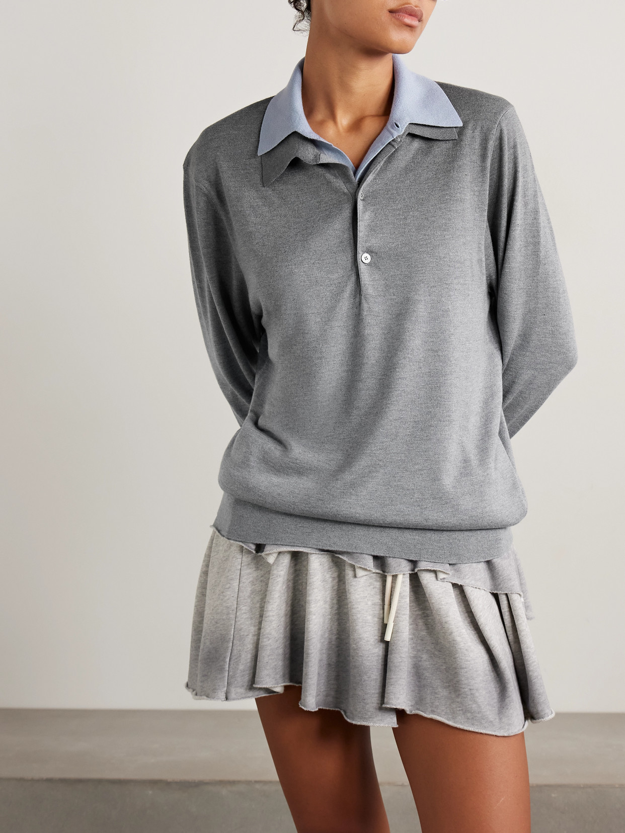 Acne Studios Layered Silk-blend Polo Sweater In Gray