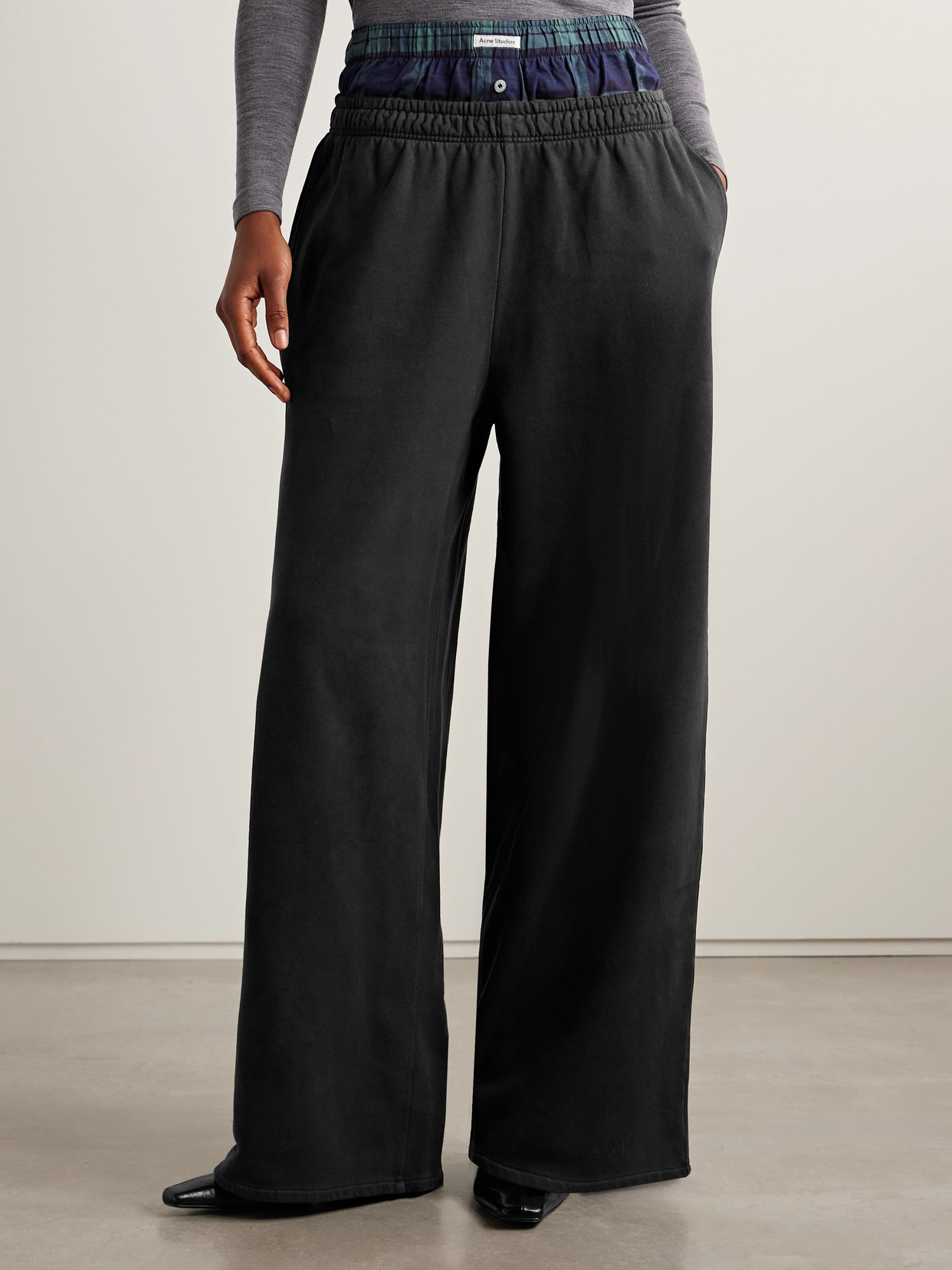 Acne Studios Layered Organic Cotton-jersey And Checked Flannel Track Pants In Gray