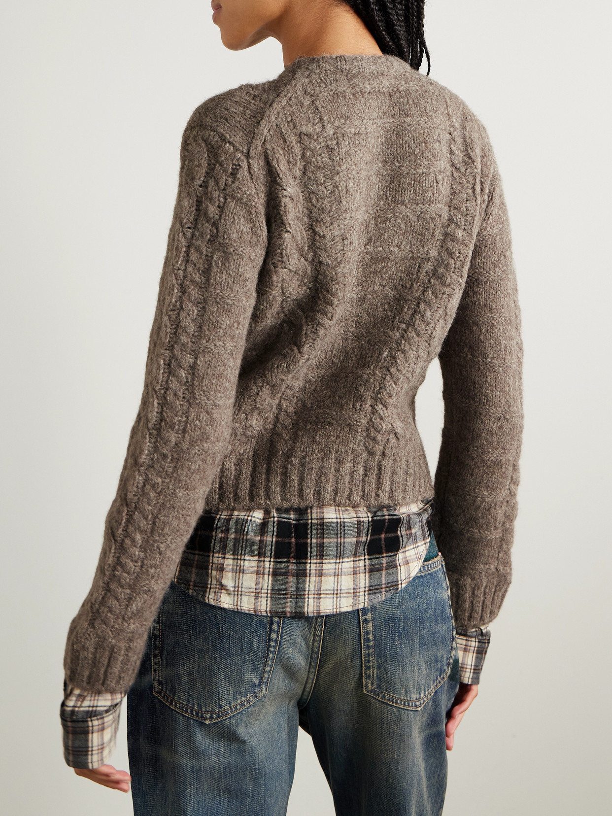 Acne Studios Layered Cable-knit And Checked Cotton-flannel Cardigan In Neutral