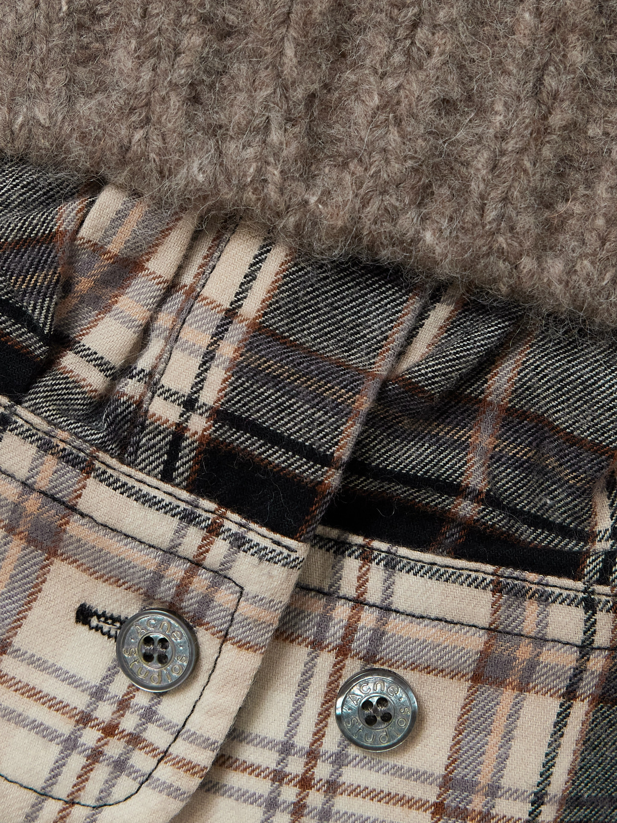 Acne Studios Layered Cable-knit And Checked Cotton-flannel Cardigan In Neutral