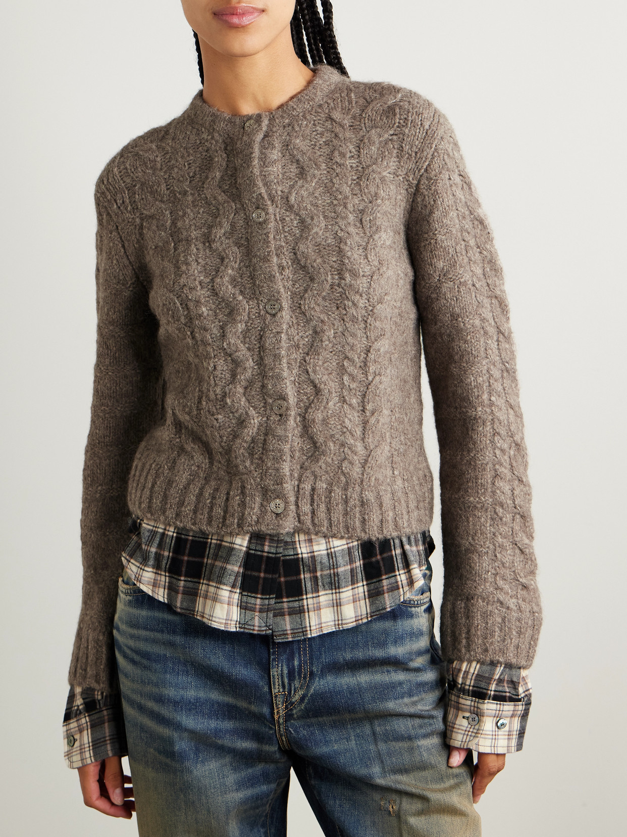 Acne Studios Layered Cable-knit And Checked Cotton-flannel Cardigan In Neutral