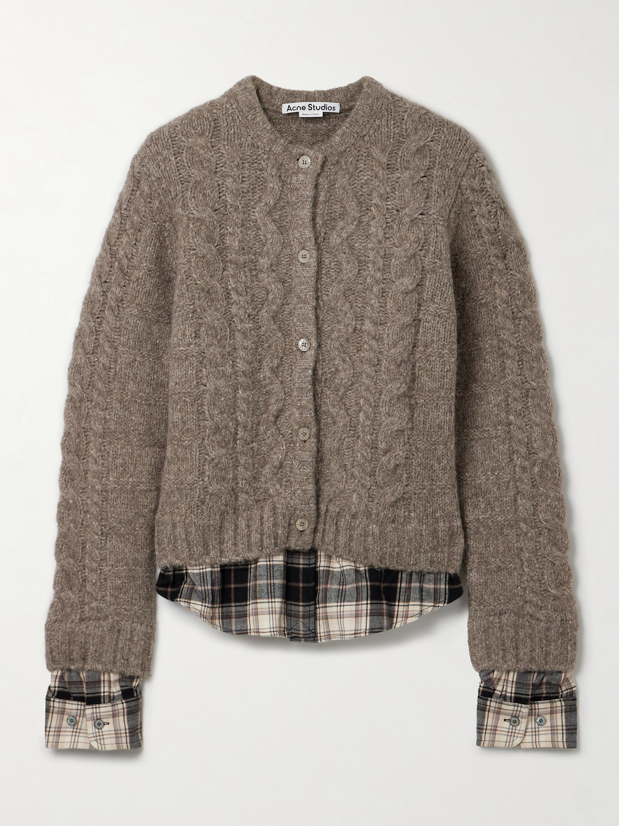 Acne Studios Layered Cable-knit And Checked Cotton-flannel Cardigan In Neutral