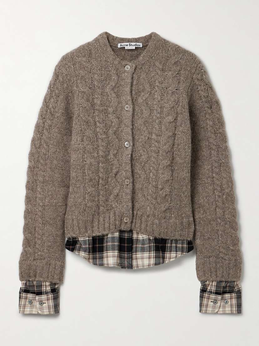 Acne Studios Layered Cable-knit And Checked Cotton-flannel Cardigan