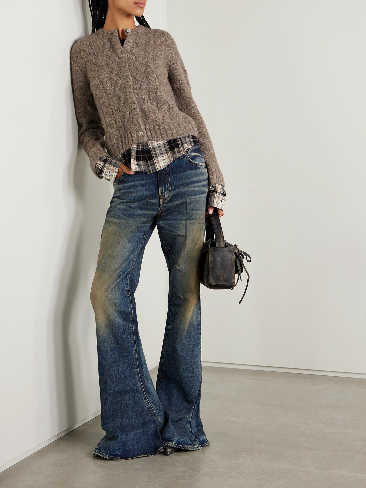 Acne Studios Layered Cable-knit And Checked Cotton-flannel Cardigan In Neutral