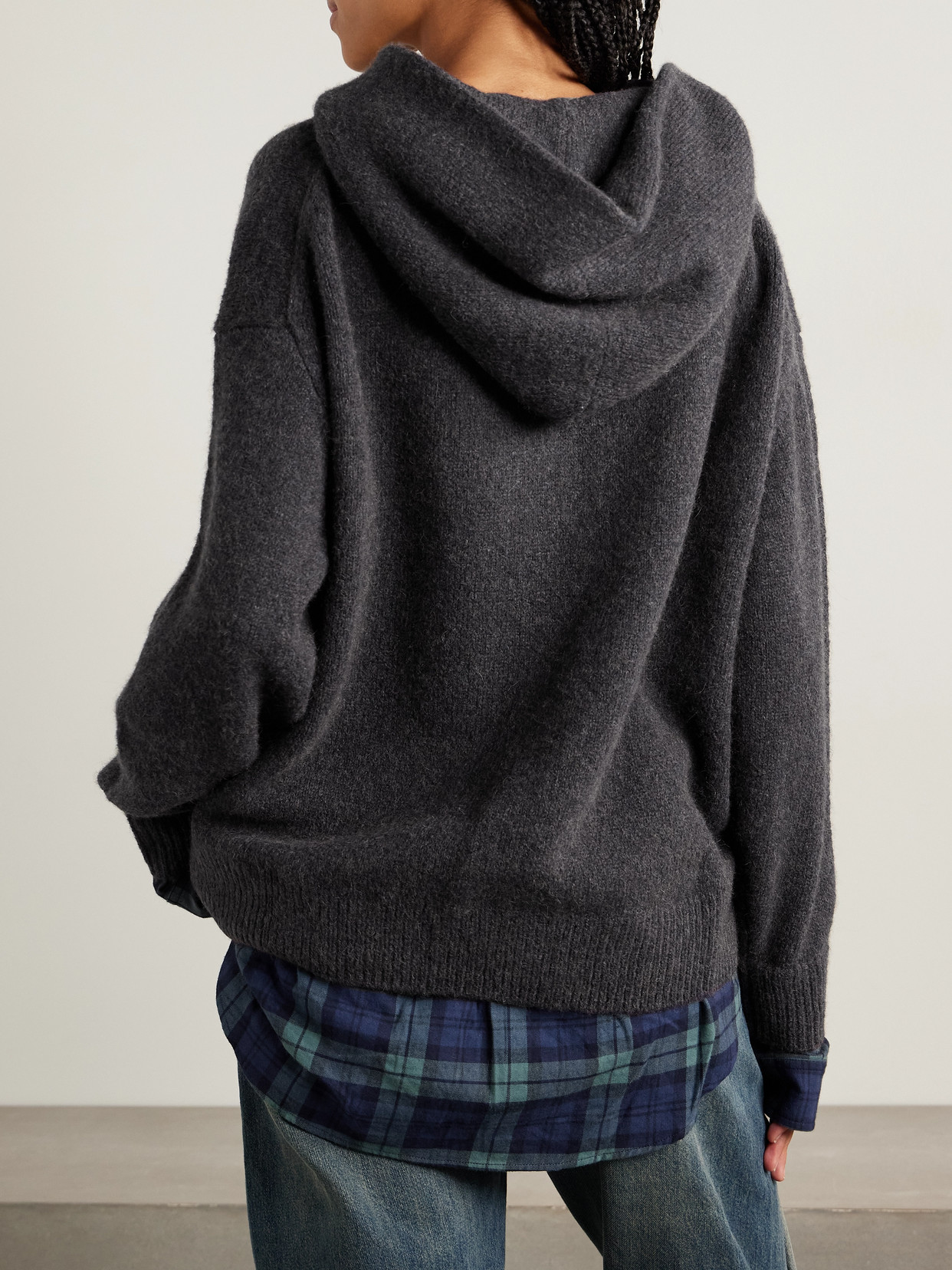 Acne Studios Womens Graphite Grey Contrast-check-print Relaxed-fit Wool-blend Hoodie In Multi