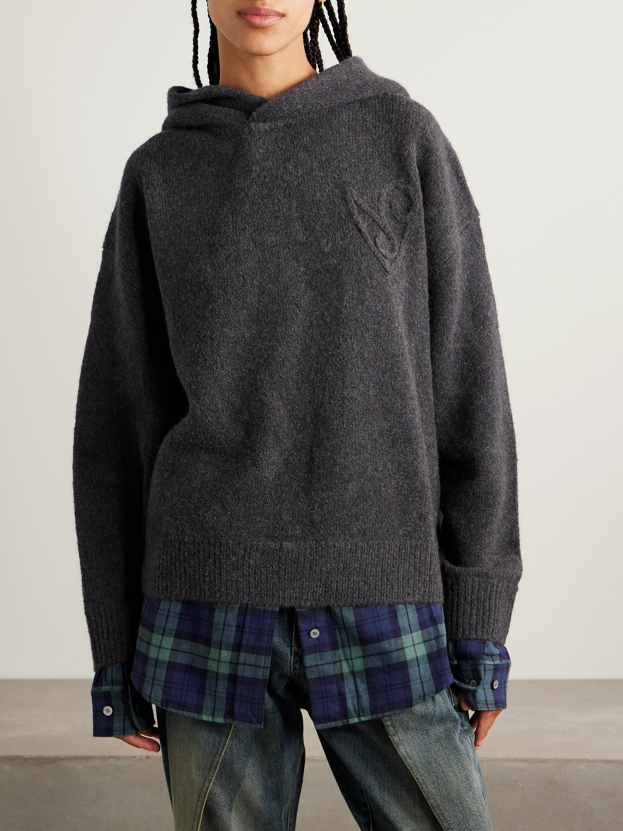 Acne Studios Womens Graphite Grey Contrast-check-print Relaxed-fit Wool-blend Hoodie In Multi
