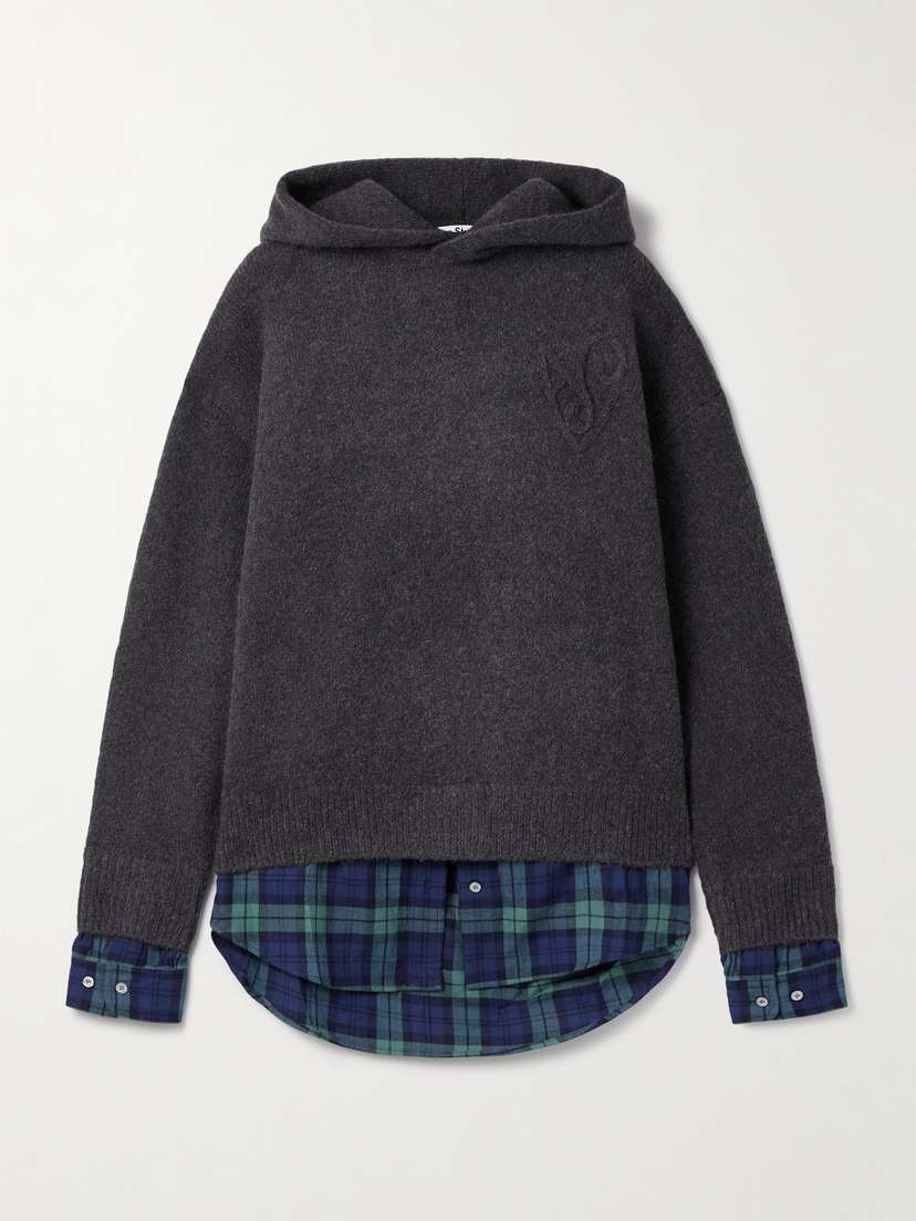 Acne Studios Layered Knitted And Checked Cotton-flannel Hoodie