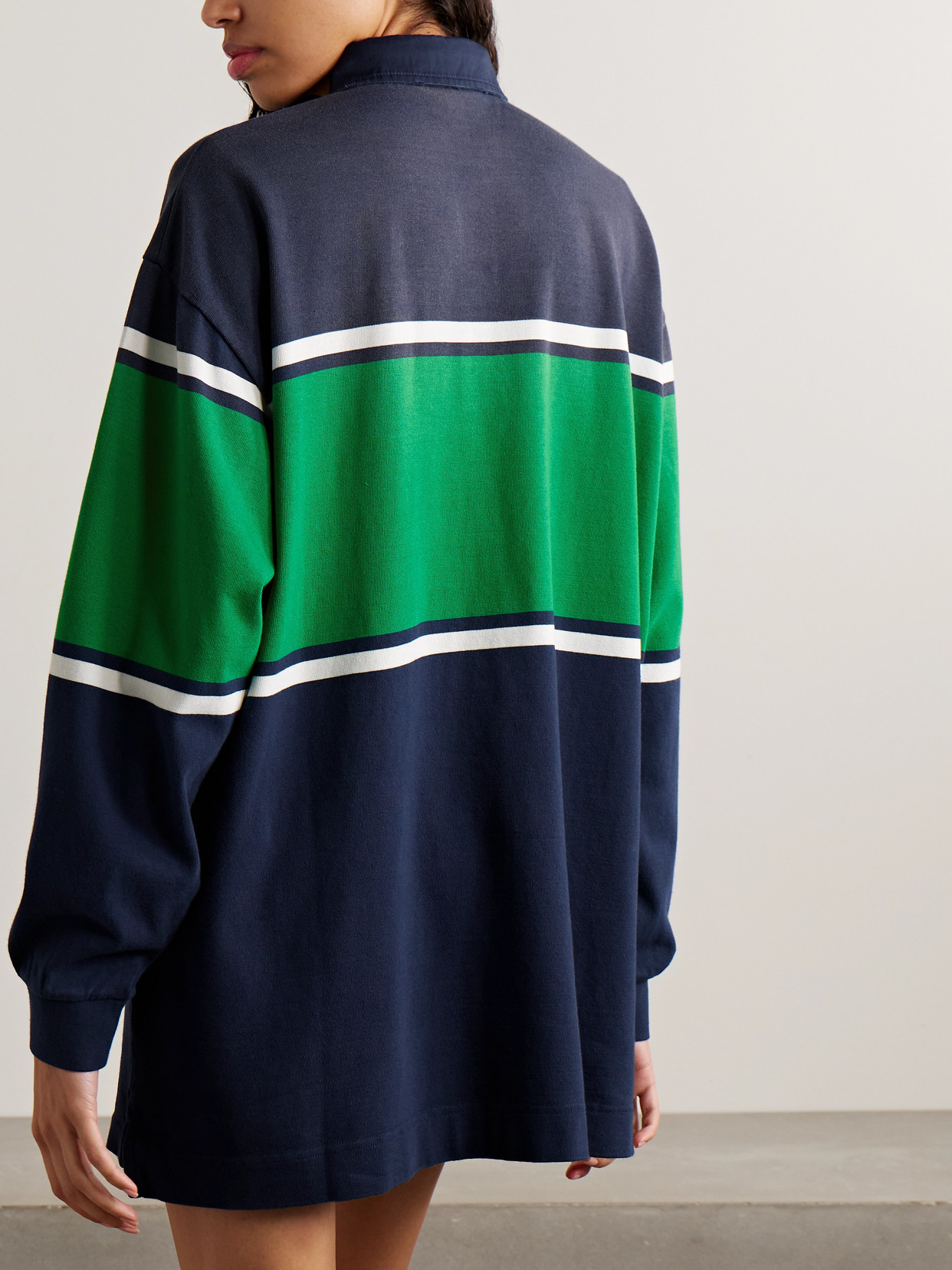 Acne Studios Womens Navy Green Stripe-print Brand-embroidered Cotton-jersey Polo Sweatshirt Dress In Blue
