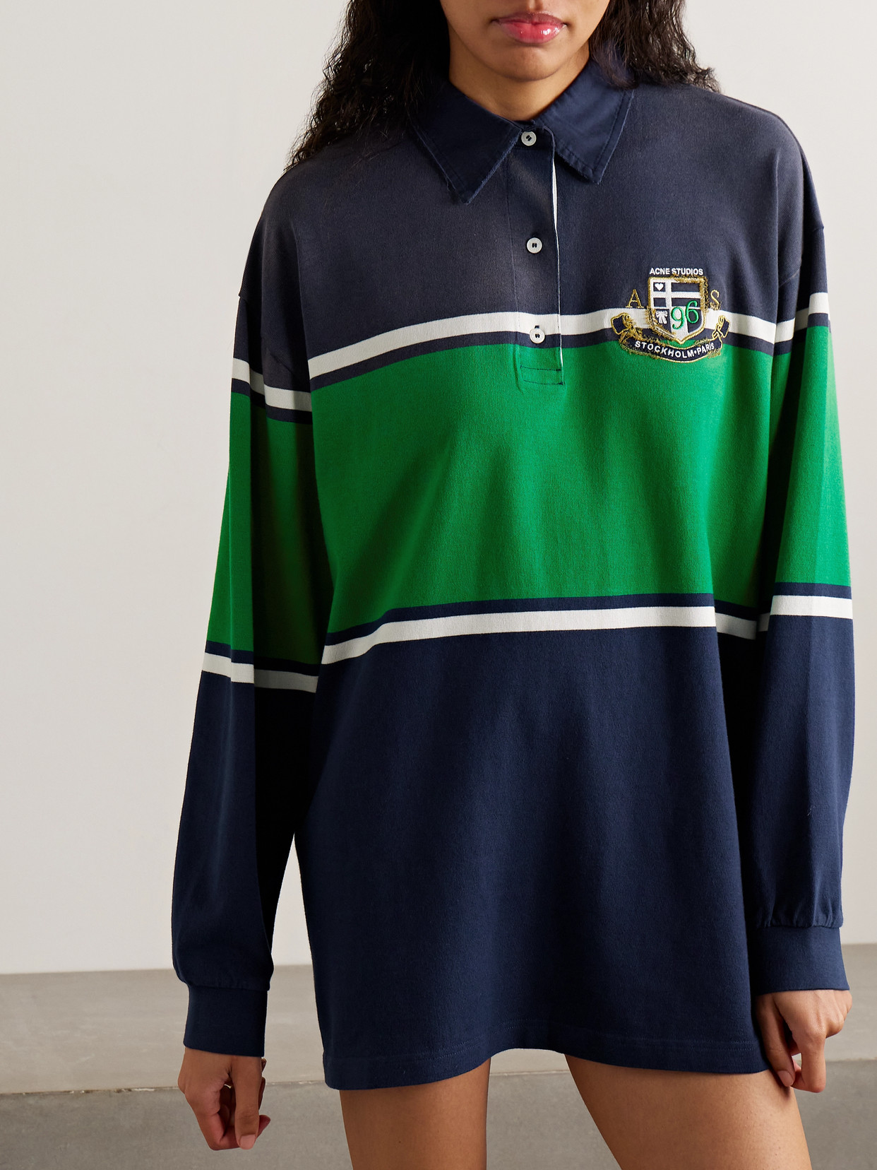 Acne Studios Womens Navy Green Stripe-print Brand-embroidered Cotton-jersey Polo Sweatshirt Dress In Blue