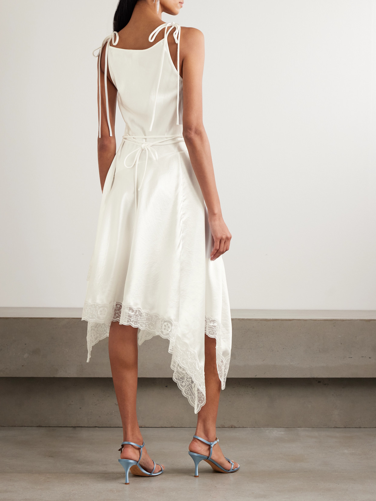 Acne Studios Doyla Belted Asymmetric Scalloped Lace-trimmed Hammered-satin Midi Dress In White