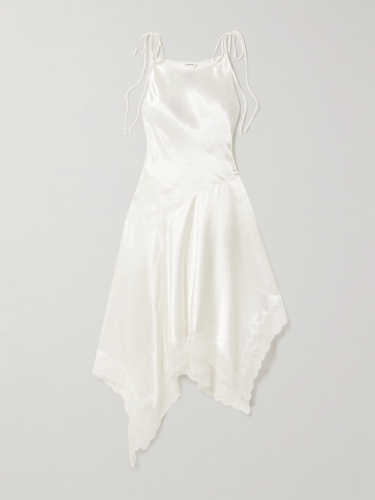 Acne Studios Doyla Belted Asymmetric Scalloped Lace-trimmed Hammered-satin Midi Dress In White