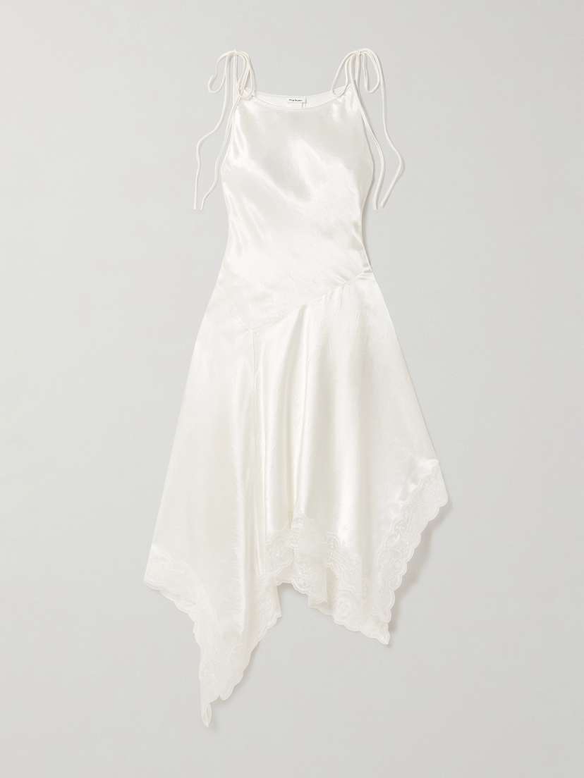 Acne Studios Doyla Belted Asymmetric Scalloped Lace-trimmed Hammered-satin Midi Dress