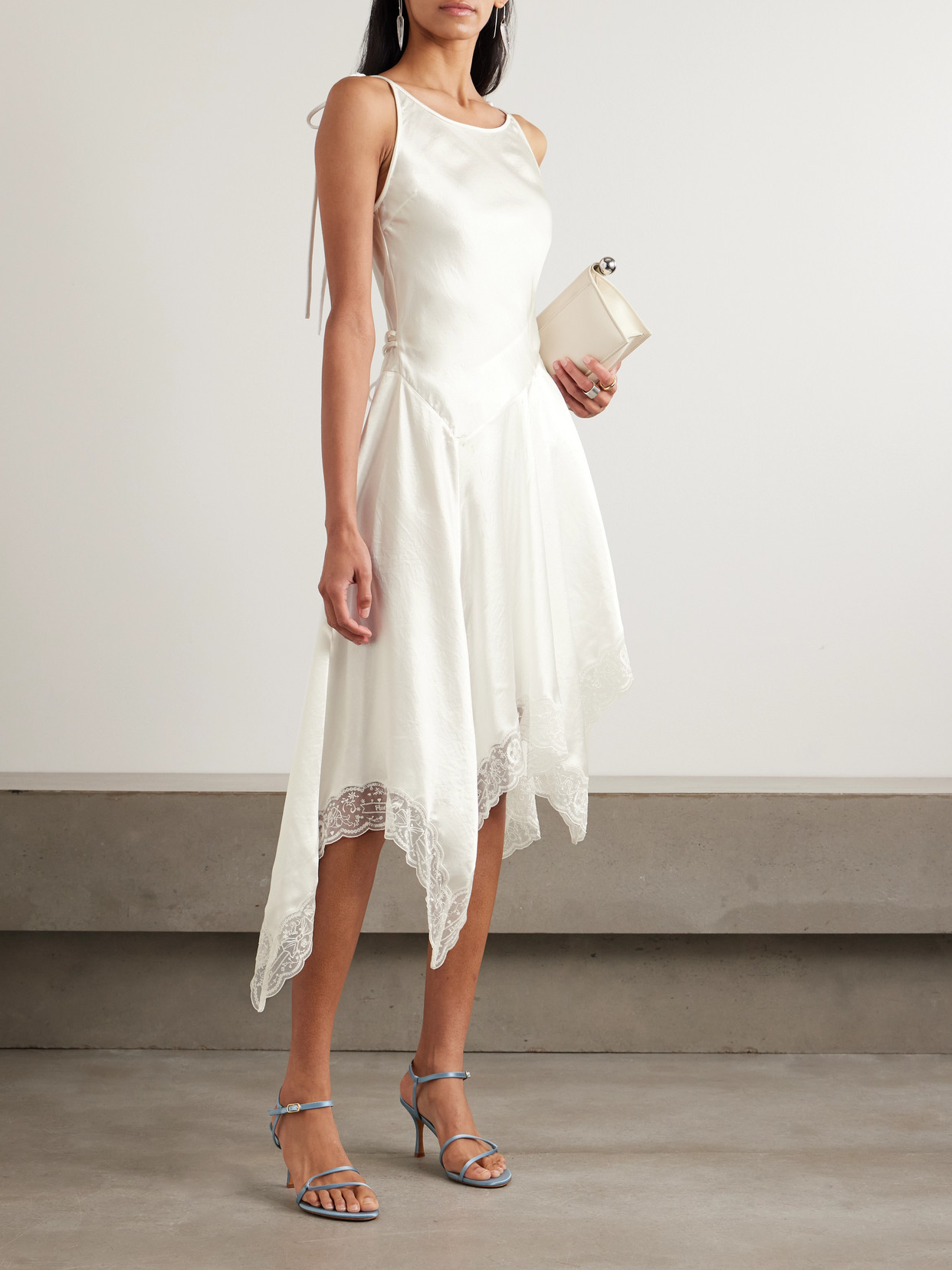 Acne Studios Doyla Belted Asymmetric Scalloped Lace-trimmed Hammered-satin Midi Dress In White