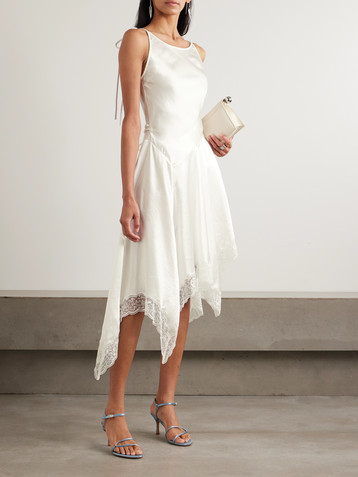 Acne Studios Doyla belted asymmetric scalloped lace-trimmed hammered-satin midi dress