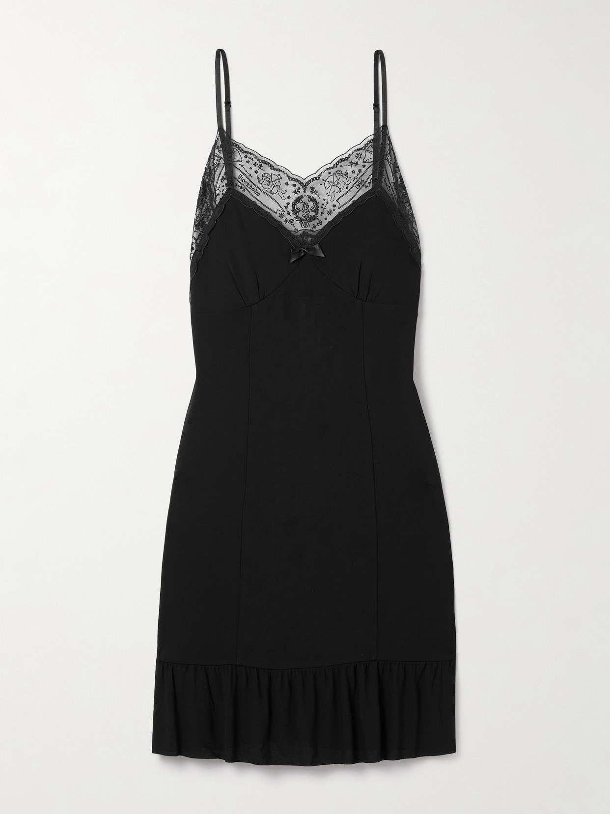 Acne Studios Embroidered Tulle-trimmed Crepe Mini Dress In Black