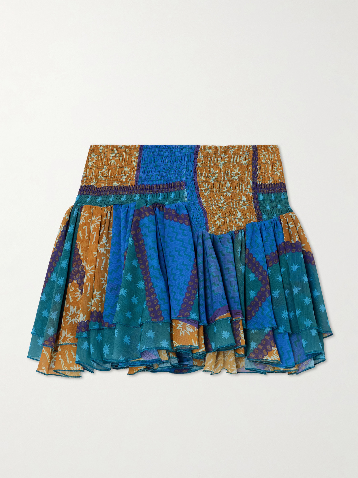 Donde Esteban Estrellitas Tiered Smocked Printed Silk-chiffon Mini Skirt