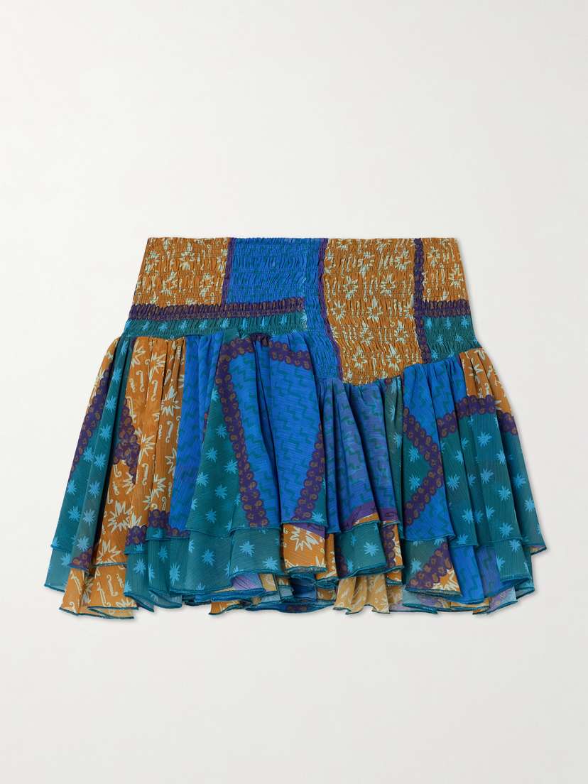 Donde Esteban Estrellitas Tiered Smocked Printed Chiffon Mini Skirt
