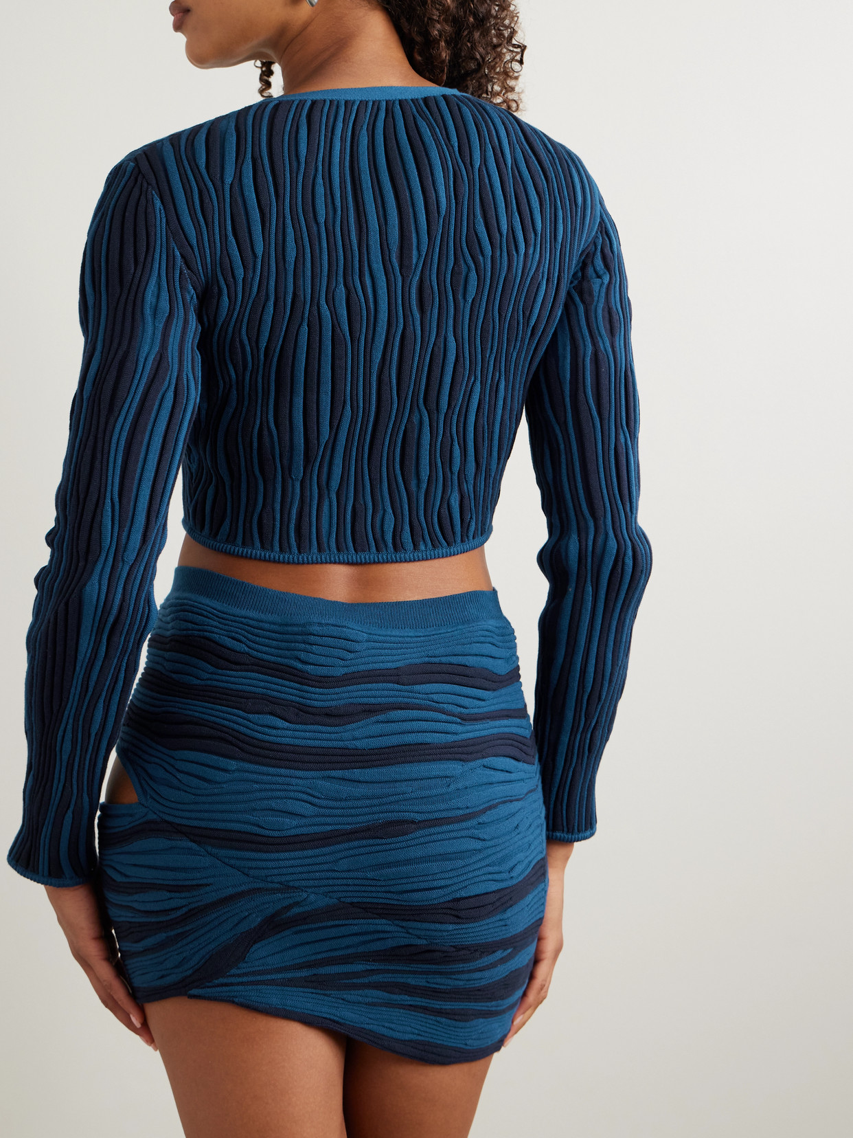 Donde Esteban Magdalena Cropped Ribbed Cotton Cardigan In Blue