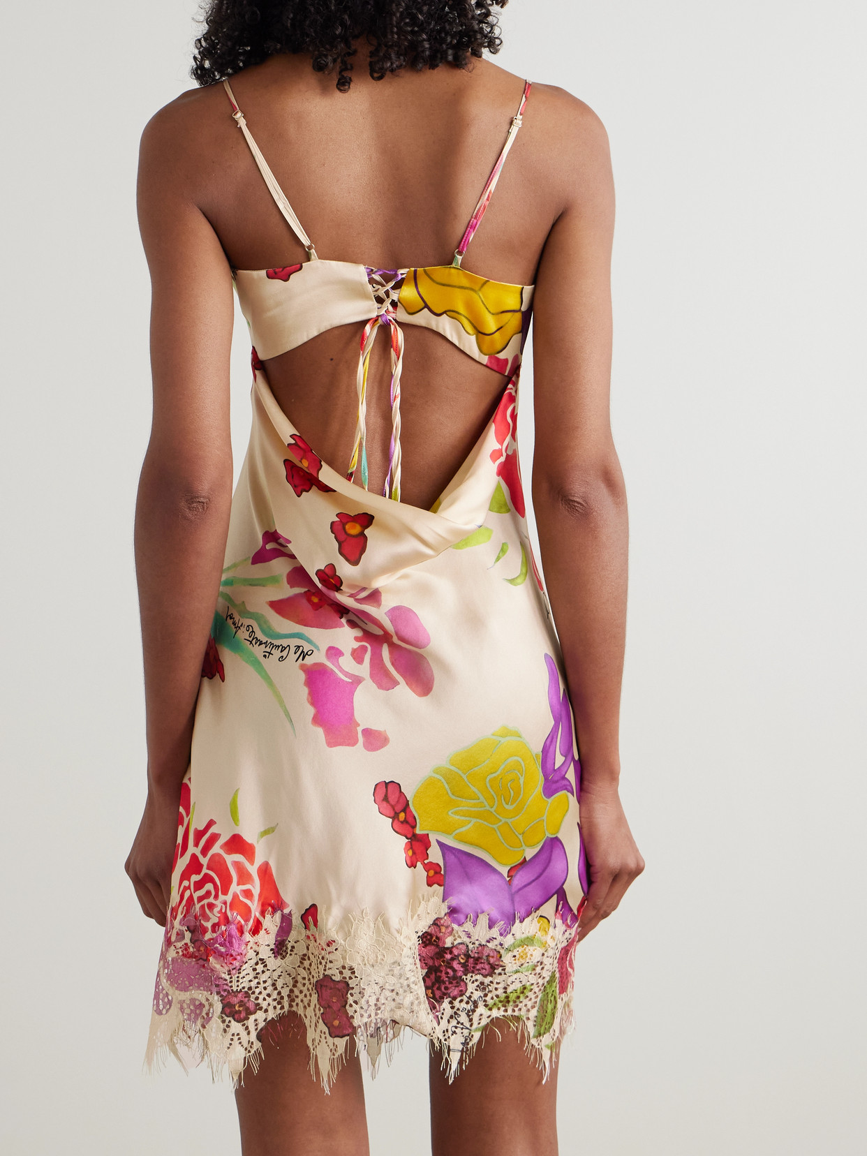 Donde Esteban Flores Lace-trimmed Floral-print Silk-blend Satin Mini Dress In Multi