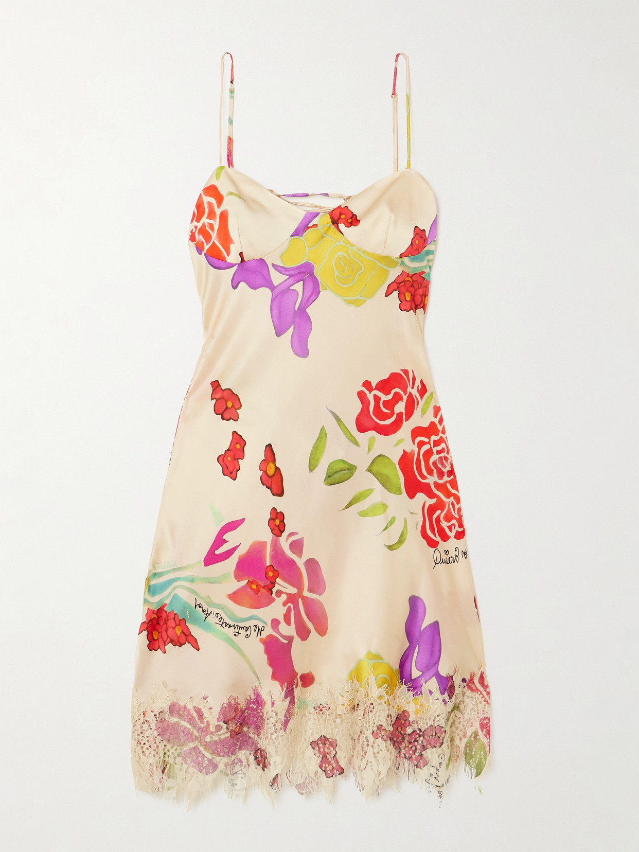 Donde Esteban Flores Lace-trimmed Floral-print Silk-blend Satin Mini Dress