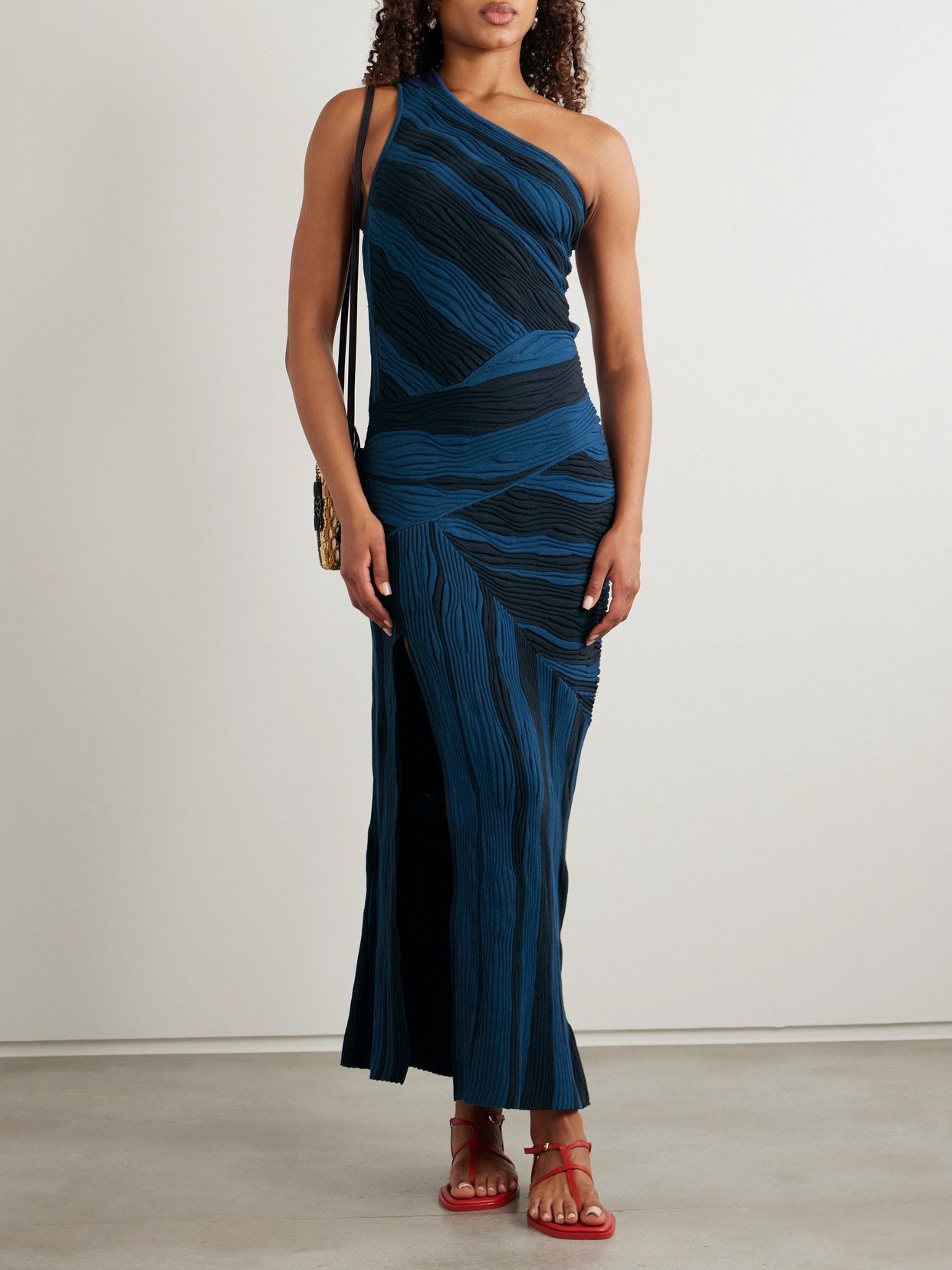 Donde Esteban Magdalena One-shoulder Ribbed Cotton Maxi Dress In Blue