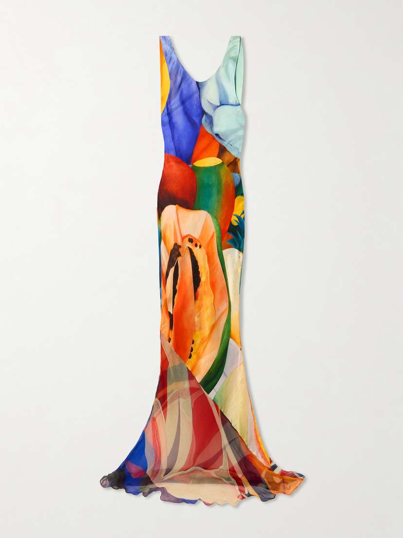 Donde Esteban Open-back Printed Silk-blend Satin And Silk-blend Chiffon Maxi Dress